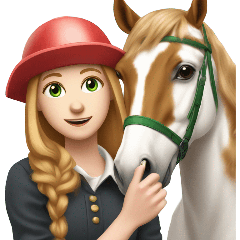 Extremely attractive and feminine white teen girl with green eyes and medium length strawberry blonde hair wearing traditional English riding helmet feeding a treat to a brown and white paint horse emoji