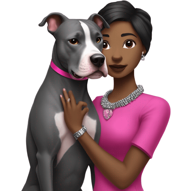 Black lady with black hair wearing hot pink dress hugging large gray pitbull with spiked pink collar emoji