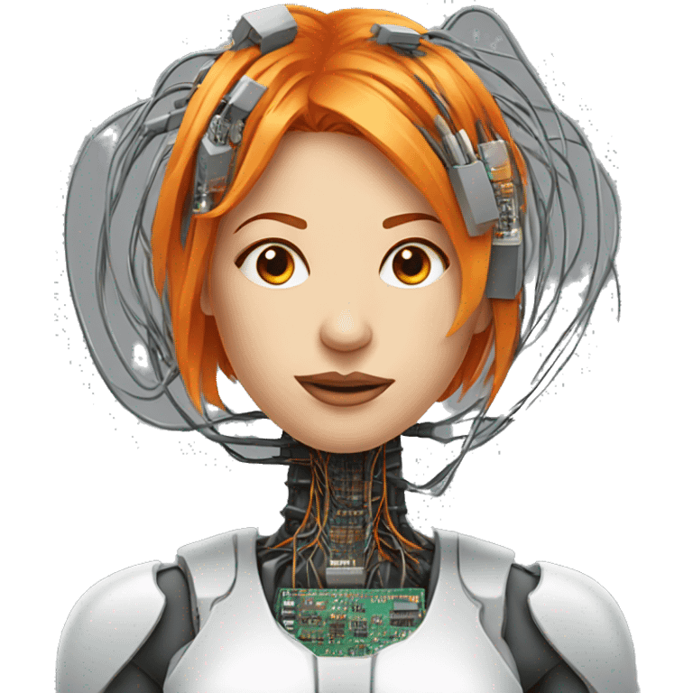 Head of female cyborg with orange hair and circuits wires emoji