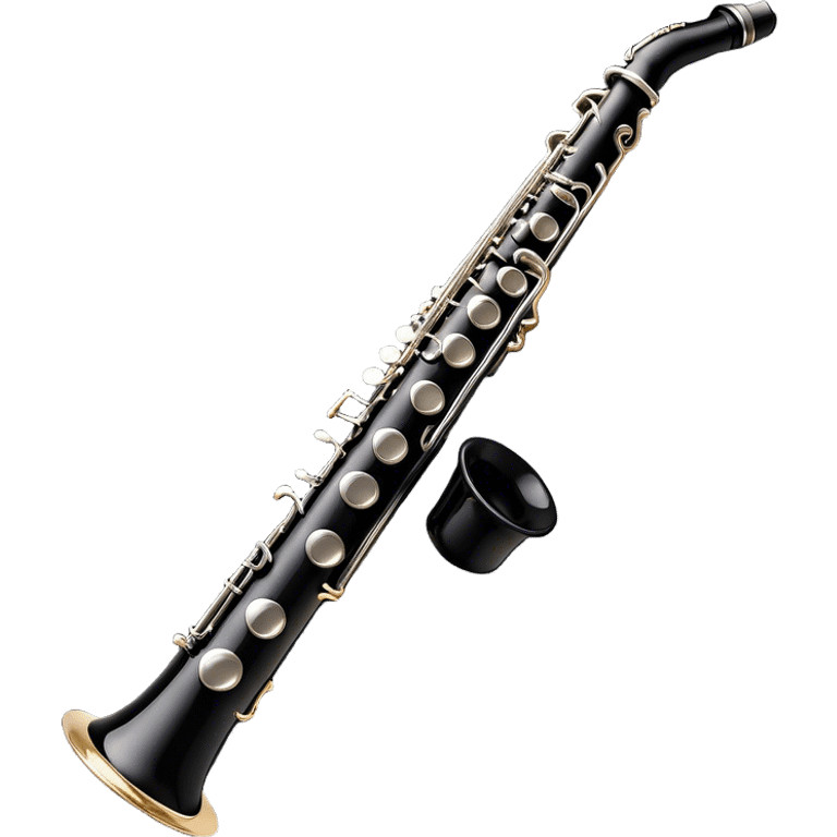 Create a sleek and professional emoji representing a black standard clarinet. The design should feature a smooth, glossy black body of the clarinet with shiny, silver keys clearly visible. Highlight the intricate details of the mouthpiece and reed at the top, while the body of the instrument should remain simple and elegant. Add subtle musical notes or soundwaves floating around the instrument to symbolize its clear, melodic sound. Use black for the body, silver for the keys, and soft lighting effects to give the instrument a polished, sophisticated look. The background should be transparent. emoji