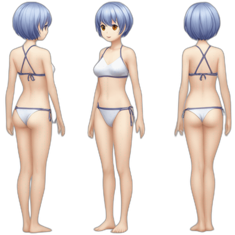 realistic full body rei ayanami nue short hair teen back and front views bikini emoji