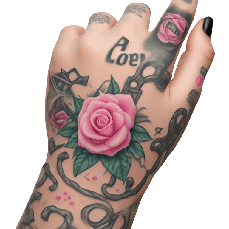 White girl hand with pink tattoos holding a tattoo machine emoji