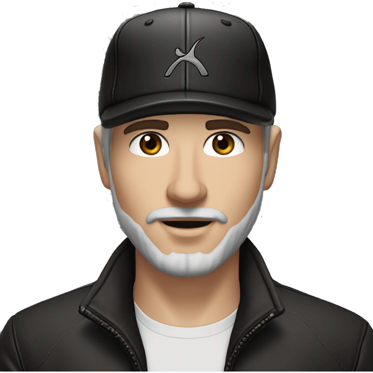 An adult white skin portrait of male with stubble and a slightly gray beard, brown hair, black eyes, wearing a black Reebok cap with a round emblem on his head, and a black leather jacket. emoji