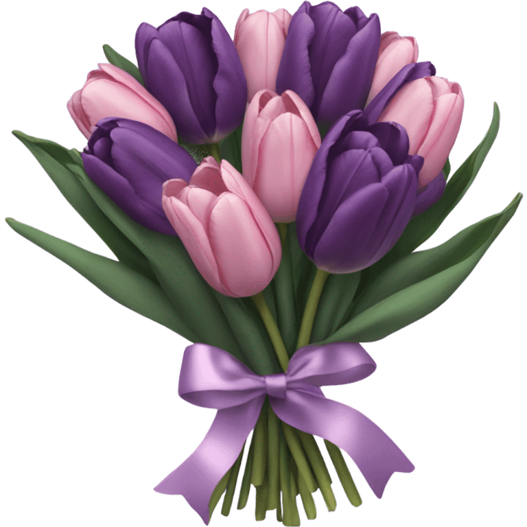 beautiful aesthetic bouquet composed of dark purple and light pink tulips tied with a silk purple ribbon emoji