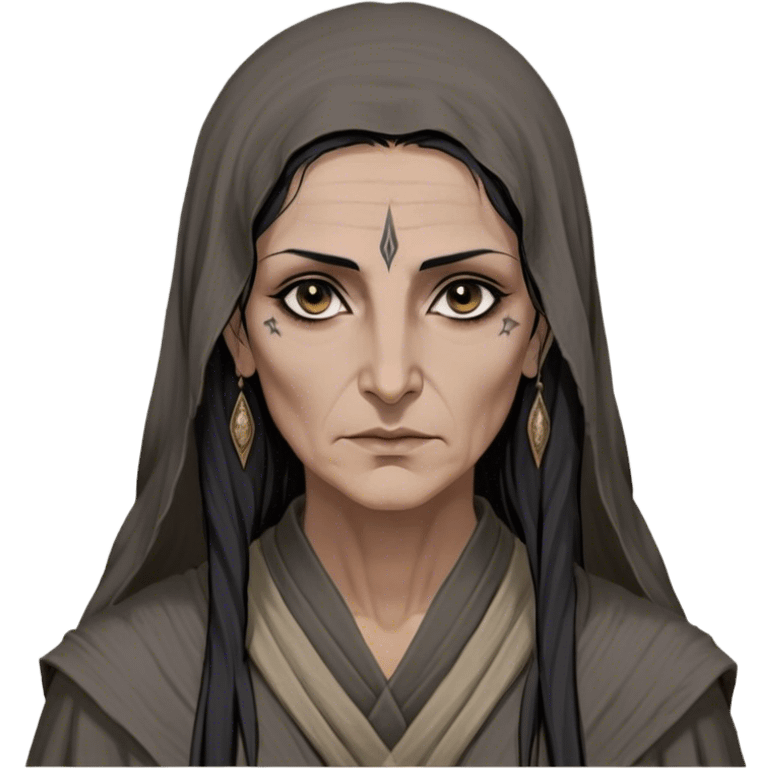 Mirri Maz Duur is a weathered, age 55 Lhazareen woman with deep-set dark eyes, high cheekbones, and a sharp nose, giving her a stern, knowing expression. Her long, unkempt dark hair streaked with gray falls loosely over her shoulders, and her earth-toned, tattered robes mark her as a humble healer. Despite her frail appearance, she exudes an aura of mystery and menace, her hands stained with herbs and blood from both healing and dark sorcery. emoji