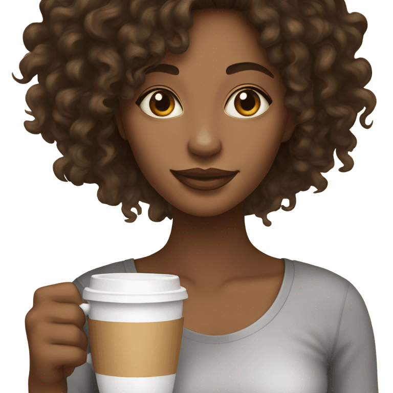 light brown skin woman with long dark brown curly hair sipping coffee emoji