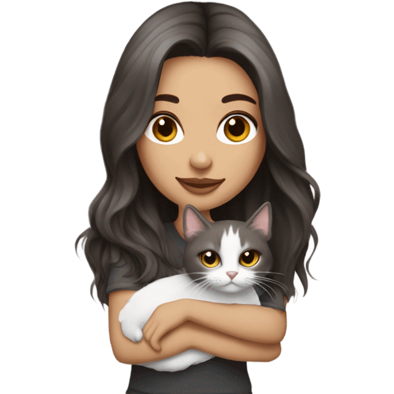 Beautiful dark brown haired tattooed woman holding gray and white long hair cat emoji