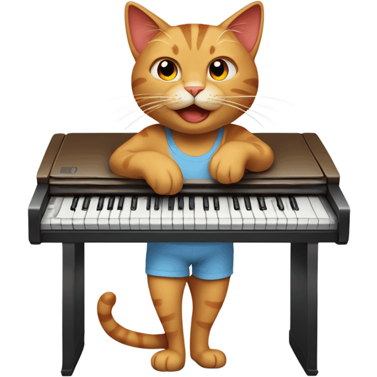 tan-red cat wearing a light-blue t-shirt taps musical keyboard emoji