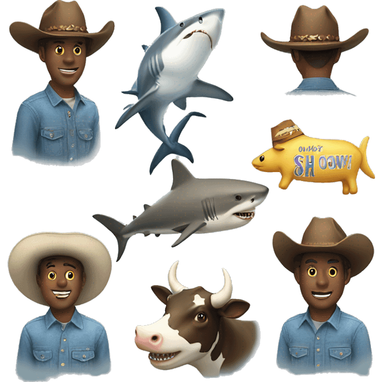 Shark with a owboy hat flying n a cow emoji