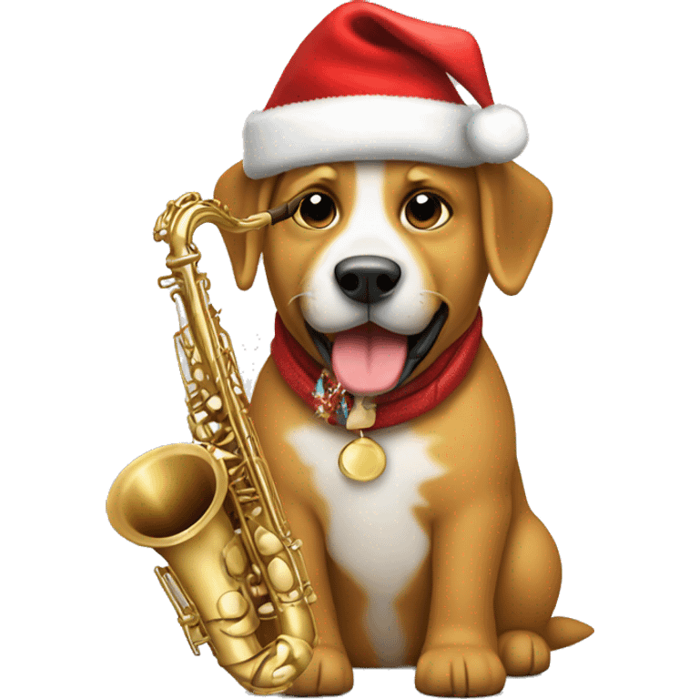 A dog with a Christmas hat playing the baritone saxophone emoji