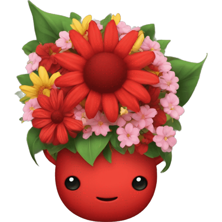 Red devil with big flower bouquet  emoji