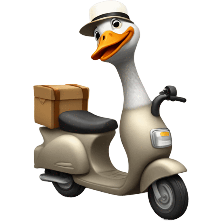 Goose riding a scooter with a funny hat on its head emoji