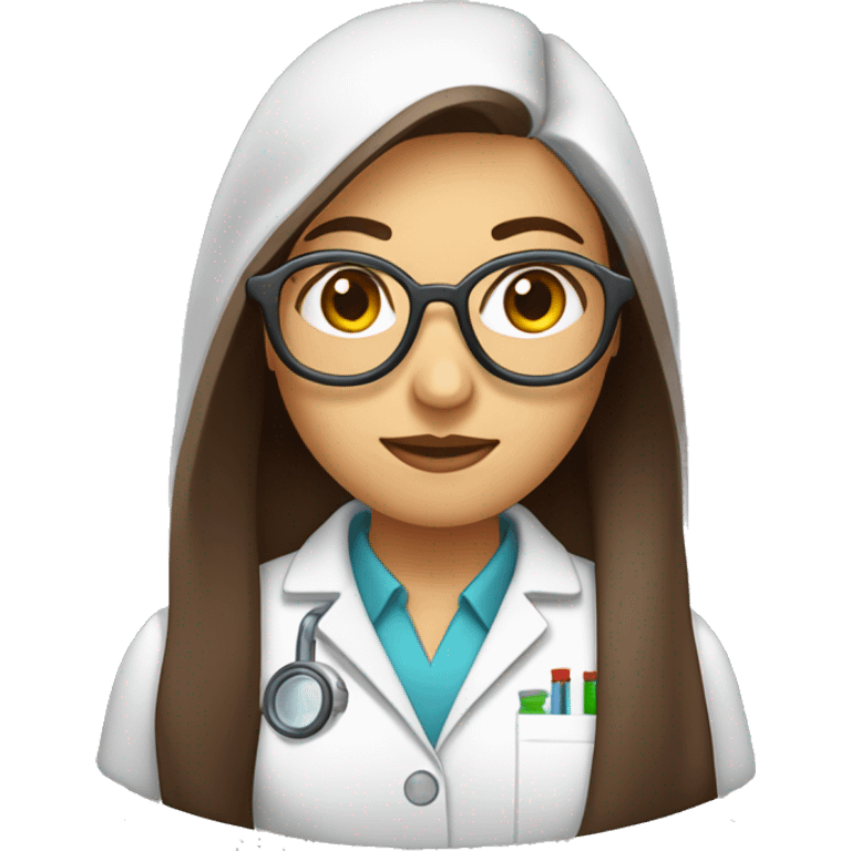 Female scientist emoji with long straight brown hair, round glasses, and a lab coat, facing forward like the original scientist emoji 👩🏻‍🔬 emoji