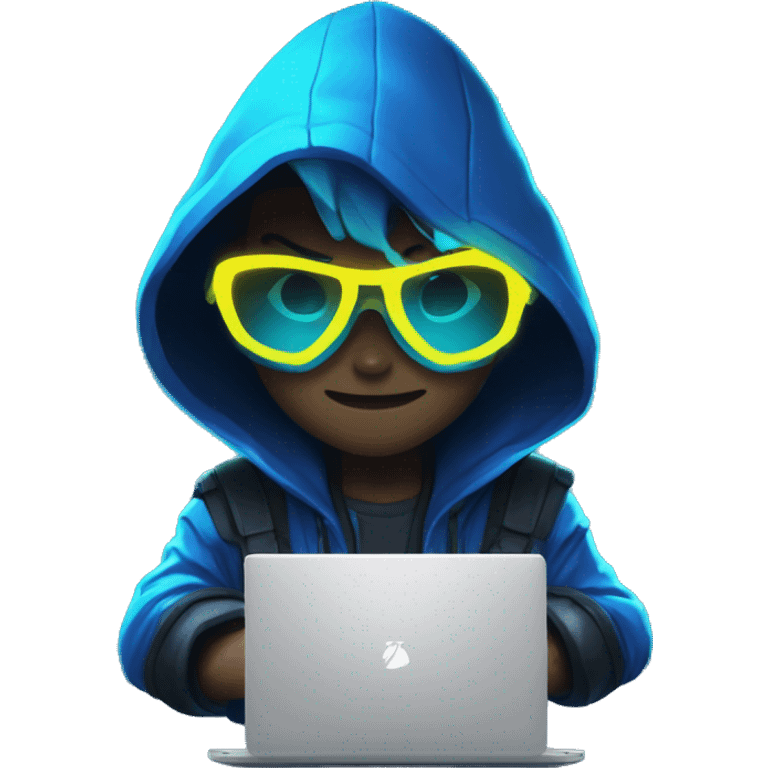 developer behind his laptop with this style : Riot Games Valorant neon glowing bright blue character blue black hooded assassin themed character emoji