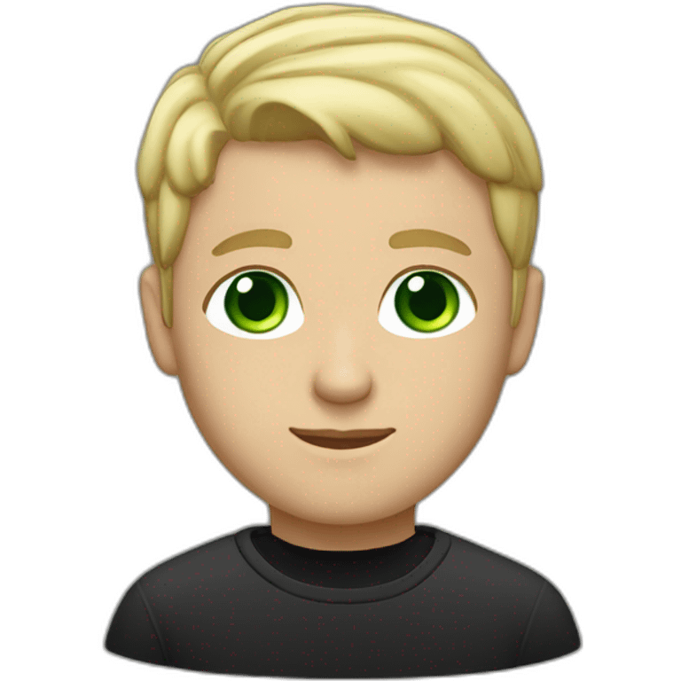 A blond short haired man with green eyes and a black sweatshirt emoji