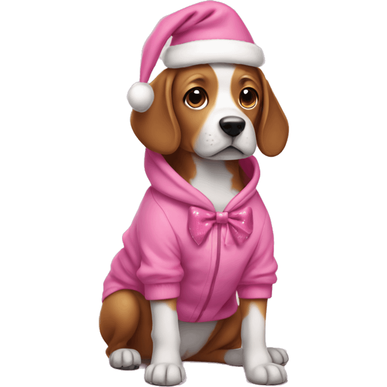 Dog wearing a pink Christmas hoodie with a pink bow emoji