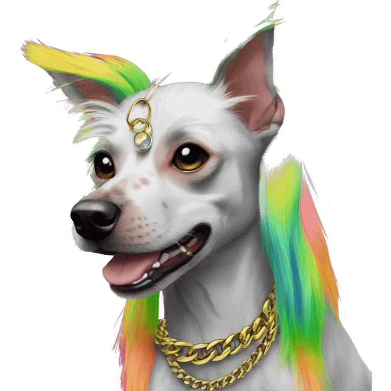 Punk Chinese crested dog neon rainbow hair gold chain punk piercings tattoos punk ear piercings emoji