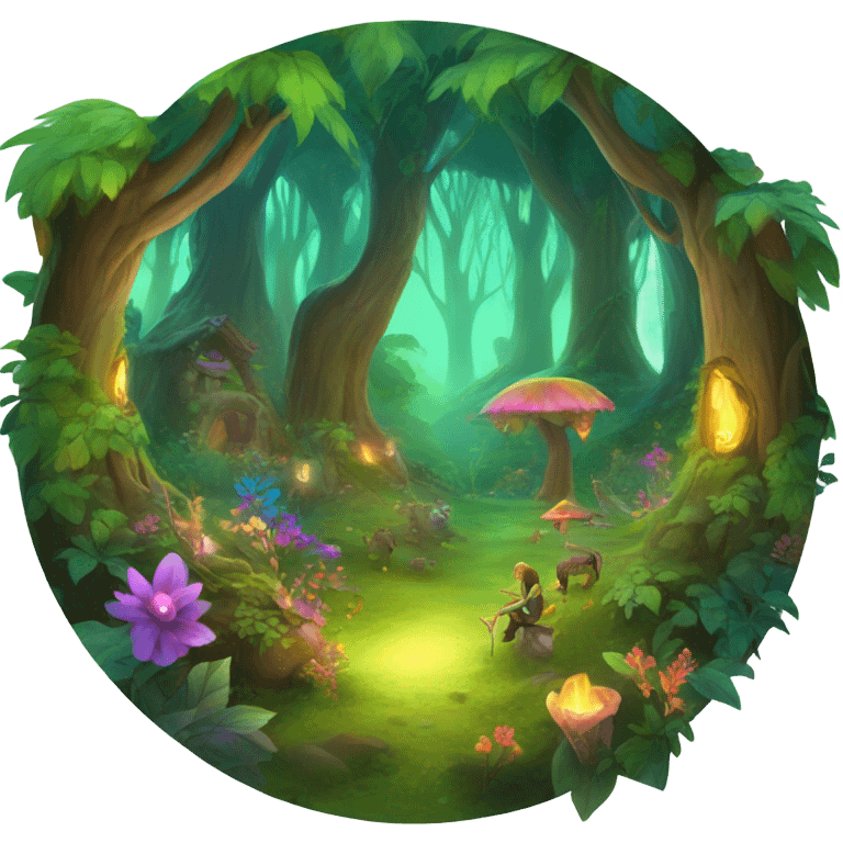 A magical forest. In the background, there is a city and a beautiful sunset emoji