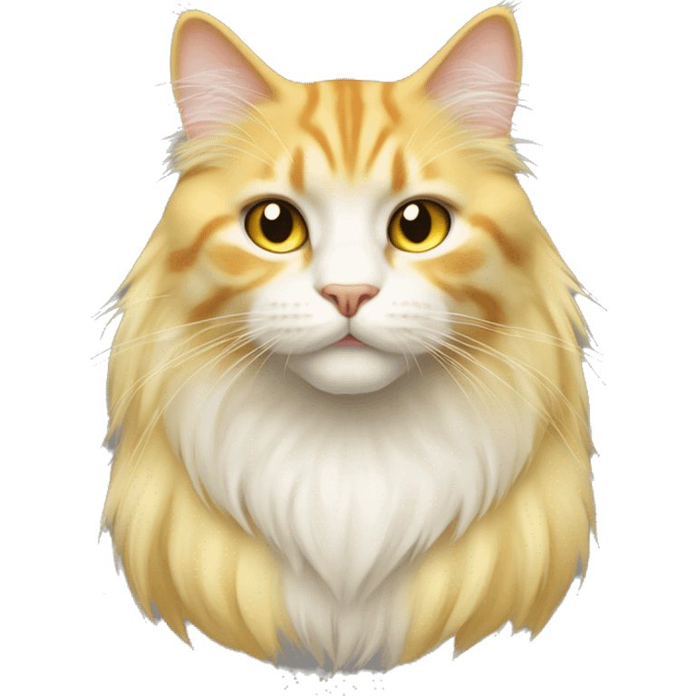 long hair yellow cat, have "()" around the cat's mouth with white color. white color chest hair emoji