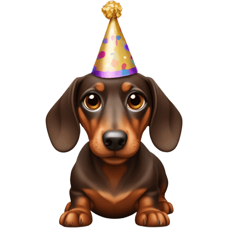 Miniature chocolate brown and tan dachshund wagging its tail wearing a party hat emoji