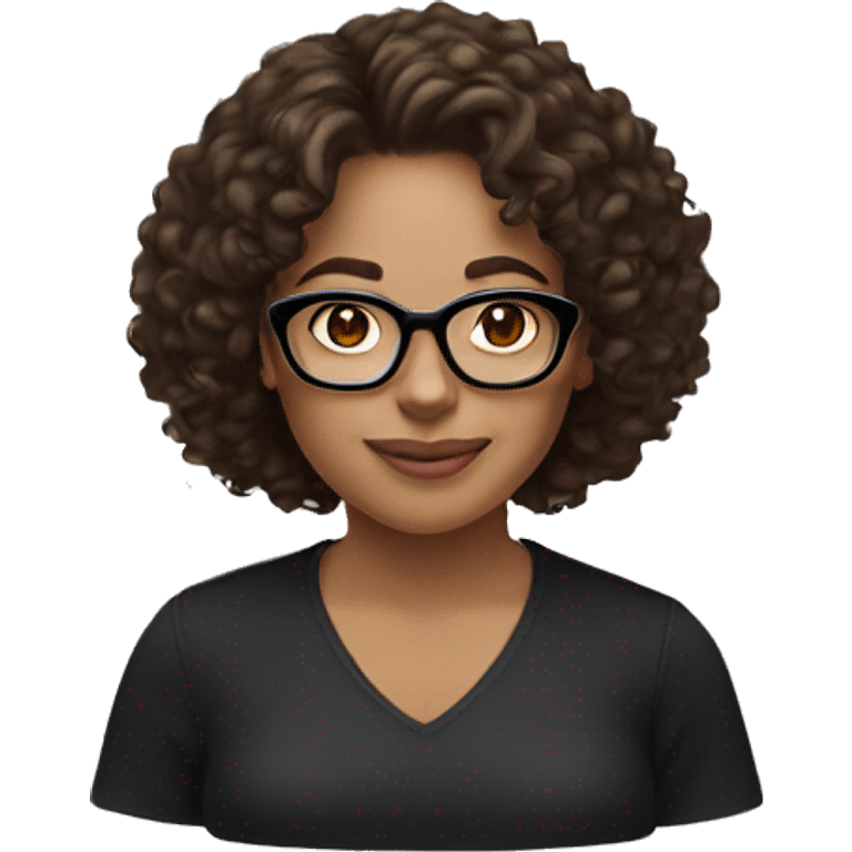 A women with brown medium curly hair, light skinned, full cheeks, black shirt and black glasses reading  emoji