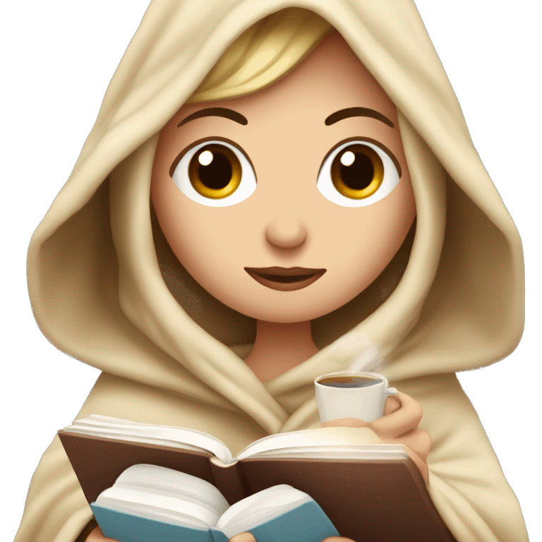 White Girl relaxed reading a book under a blanket with coffee in her hands emoji