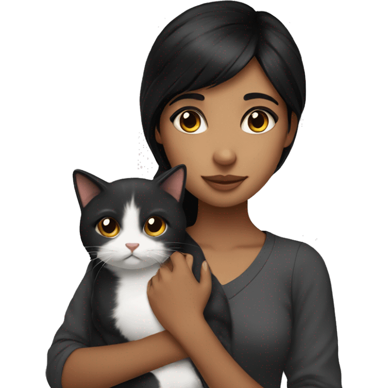 black haired girl with brown eyes holding a cat  emoji