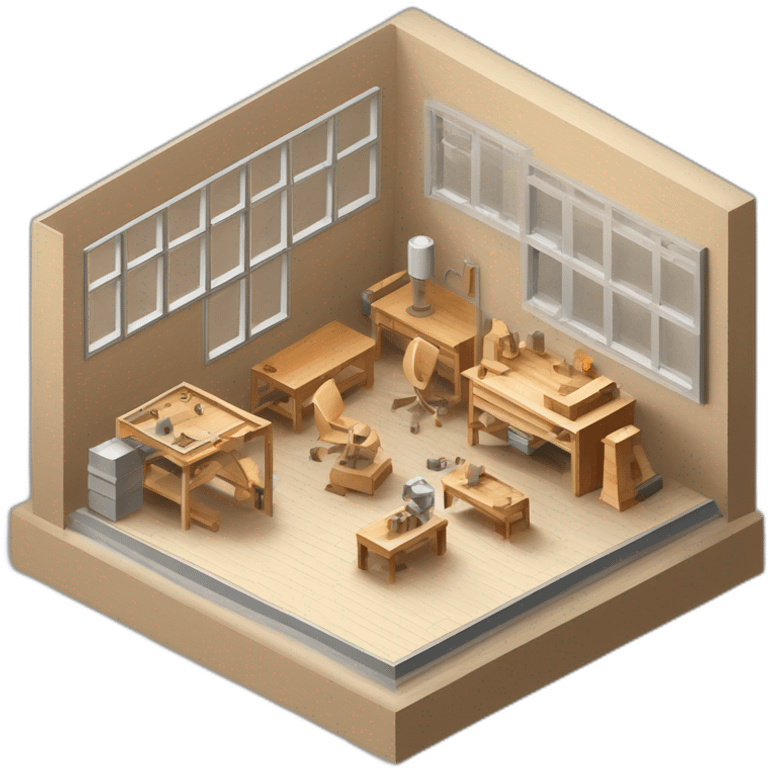 isometric square solid outline border box containing indoor creative workshop factory woodworking metalworking people actively working cnc machine tools simple clean industrial brutalist emoji