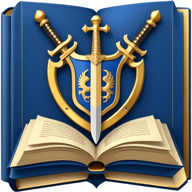 Description: A stylized, heraldic emblem combining an open book with a sword behind it Symbolizes knowledge and personal growth Color palette: Deep blue background, gold/bronze metallic details Represents the core philosophy of The Archives emoji