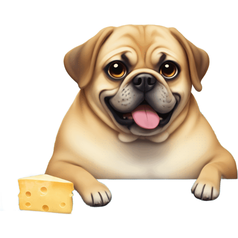 A tan puggle dog but super overweight and enjoying a piece of cheese by the pool emoji