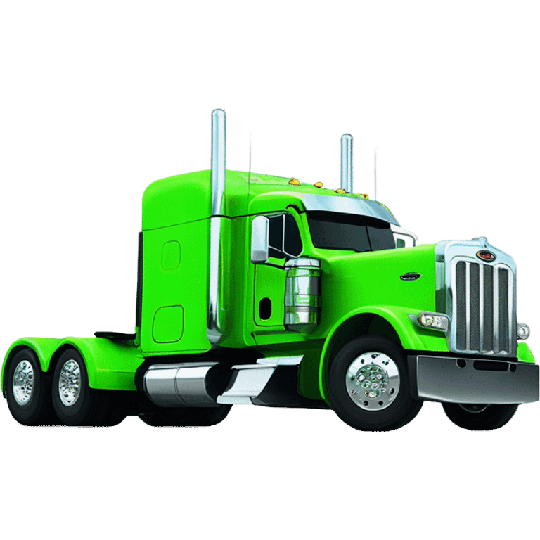 neon green peterbilt semi truck lowered on the ground with large chrome wheels and chrome smoke stacks profile view emoji