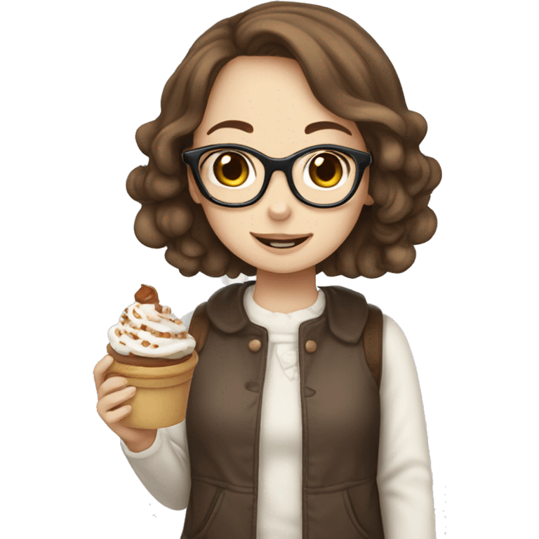 Girl with glasses brown hair brown features , eating cinnamoroll emoji