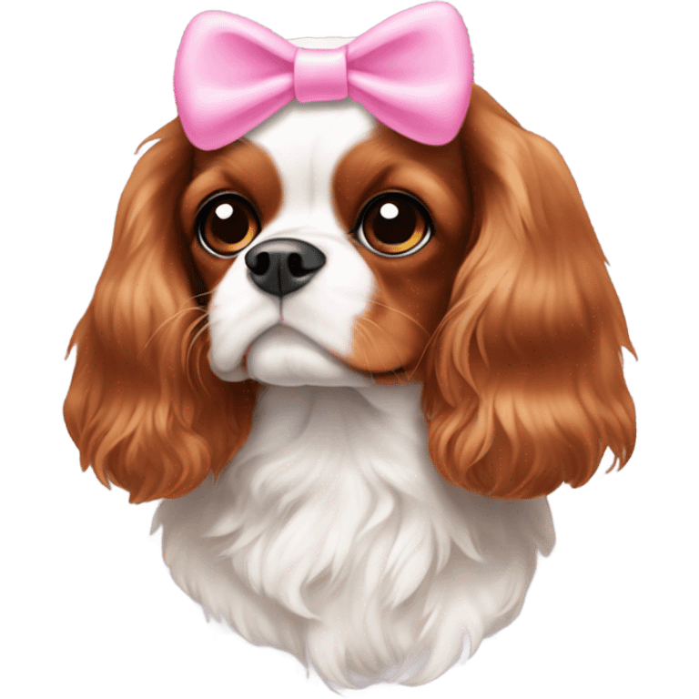 cavalier king charles with a dot between ears brown and white with a pink bow emoji