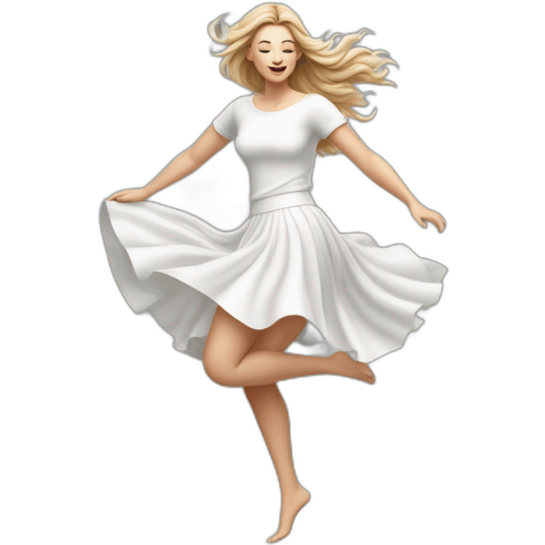 Hyperrealistic Full body Caucasian curvy beauty jumping white skirt back and front views strong wind emoji