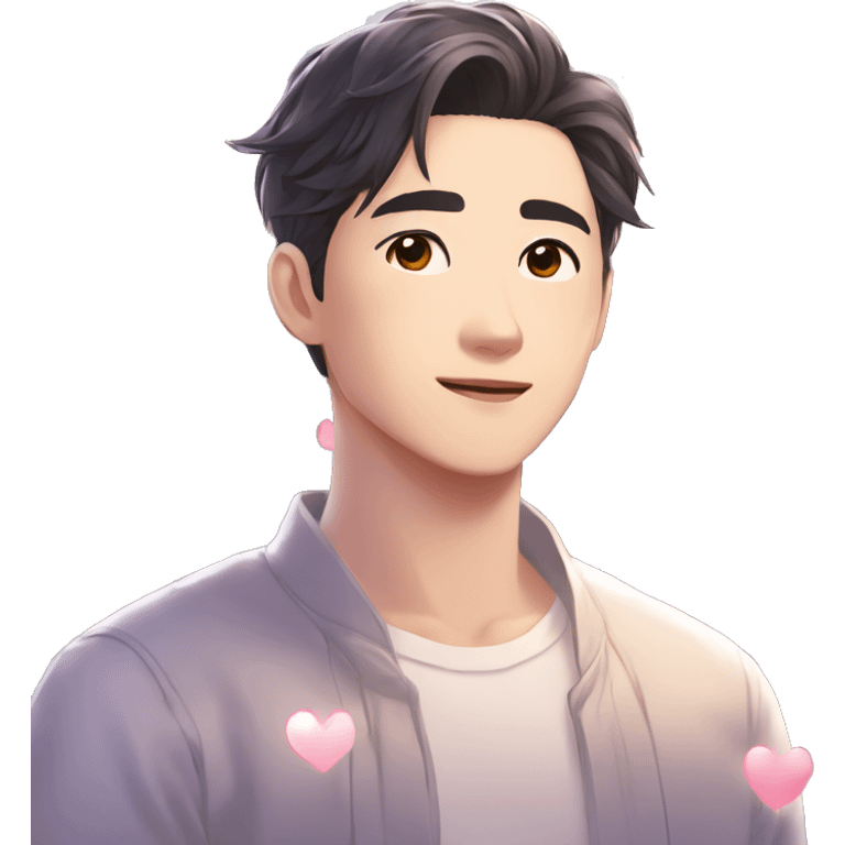 Gorgeous bright sparkly romantic Asian anime gentle man with blushing face aesthetic trending style outside emoji