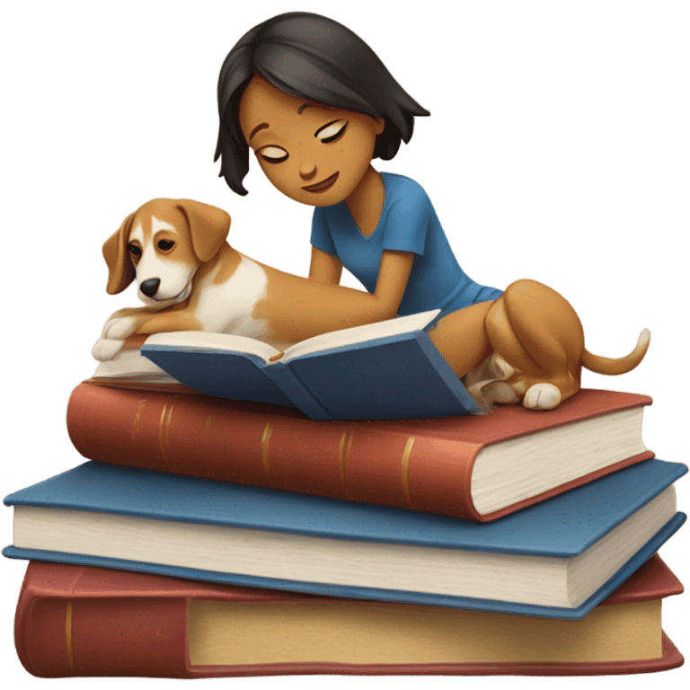 Am I bothering you? Girl, book, and dog laying on book emoji