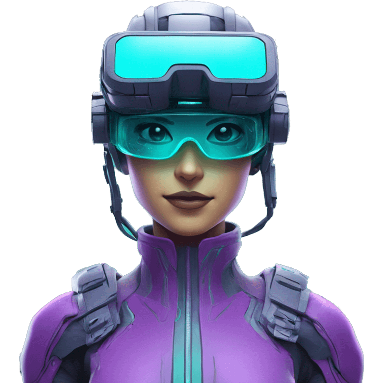 Secret humanoid agent in a futuristic hat with in Apple VR goggles headset code display on the goggles , cyberpunk, cyan and purple colors, only upper body portrait, front facing the camera  emoji