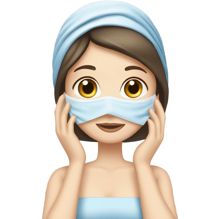 The white-skinned, blue-eyed, brunette-haired girl is making a mask on her face with a towel on her head. emoji