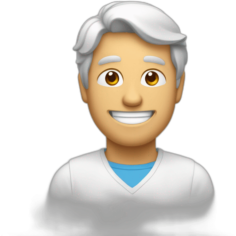 Un homme qui lève les bras face a l'ecran et fait un sourire emoji