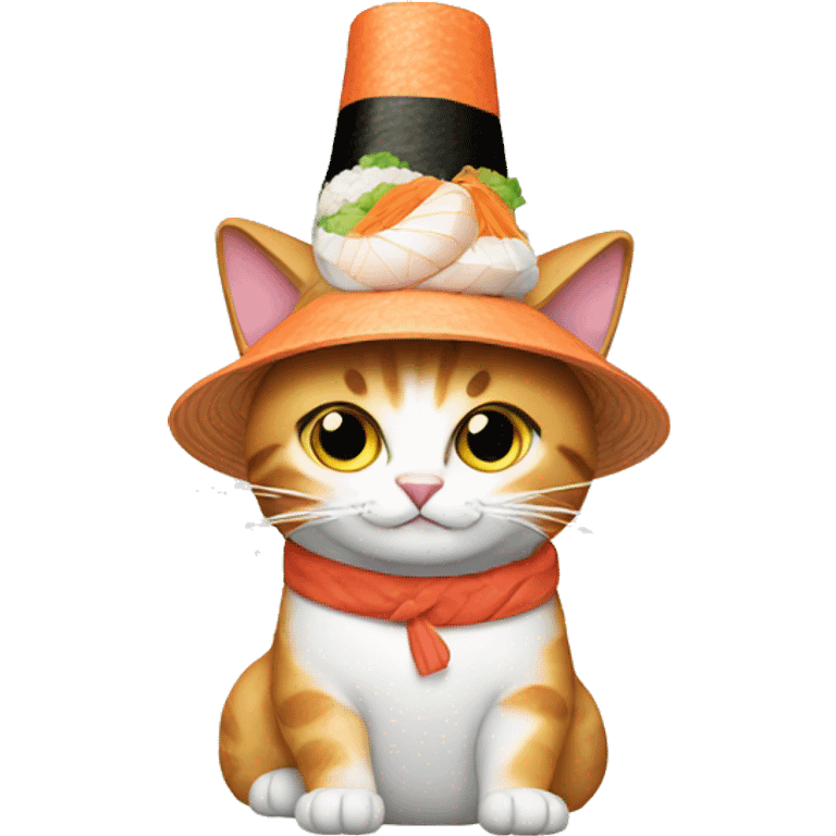 Cat wearing a hat made out of sushi emoji