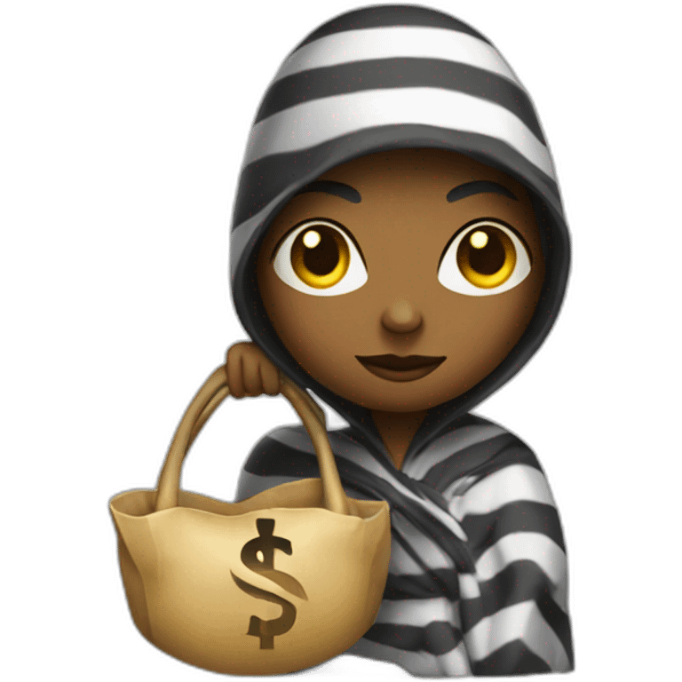 A thief in a striped robe with a bag of dollars on her shoulder emoji