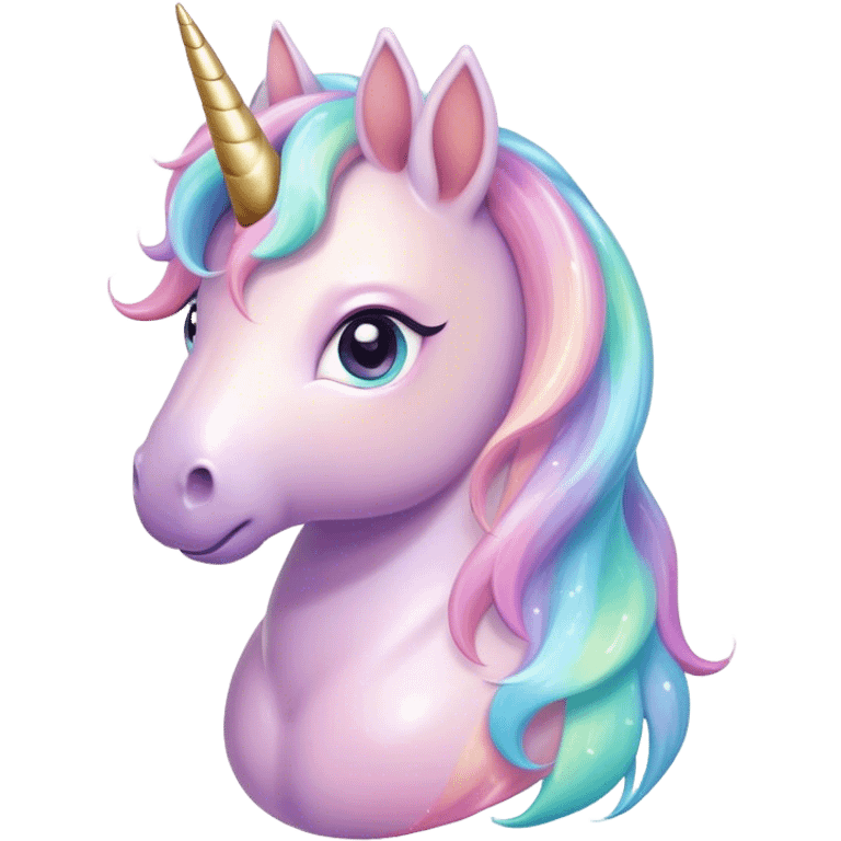 Cinematic pastel-colored unicorn, flowing iridescent mane, big sparkling eyes, tiny rounded hooves, soft chubby cheeks, delicate magical glow surrounding, enchanting and dreamy. emoji