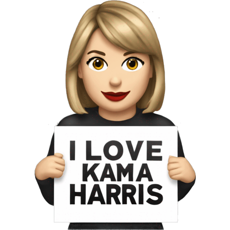 Taylor Swift holding a sign that says “ I love Kamala Harris” emoji