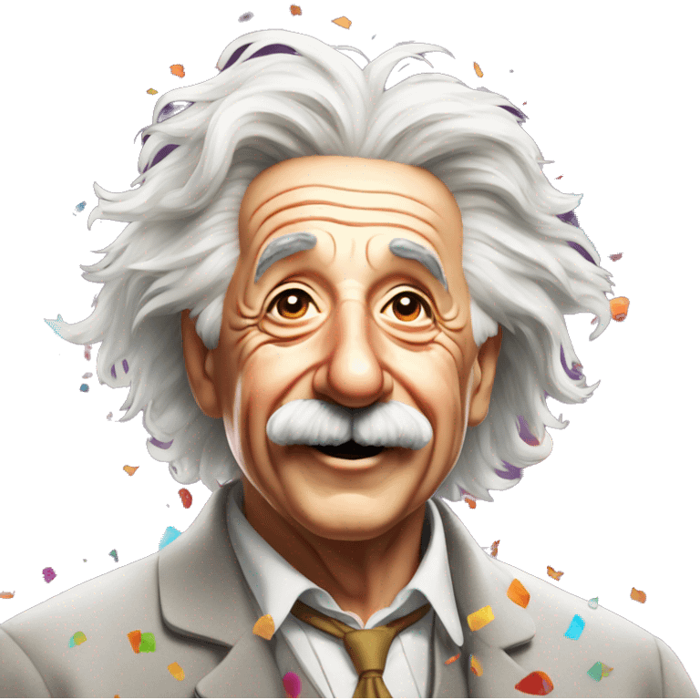 happy albert einstein standing and everywhere colorful confetti emoji