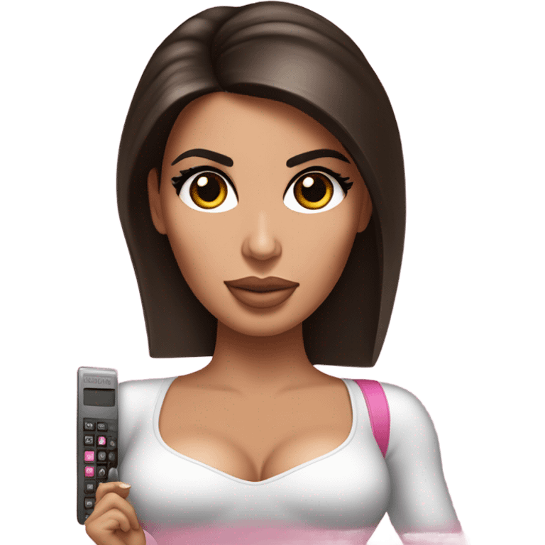 Hyper realistic kim kardashian with straight brown hair holding a small pink calculator in her hand emoji