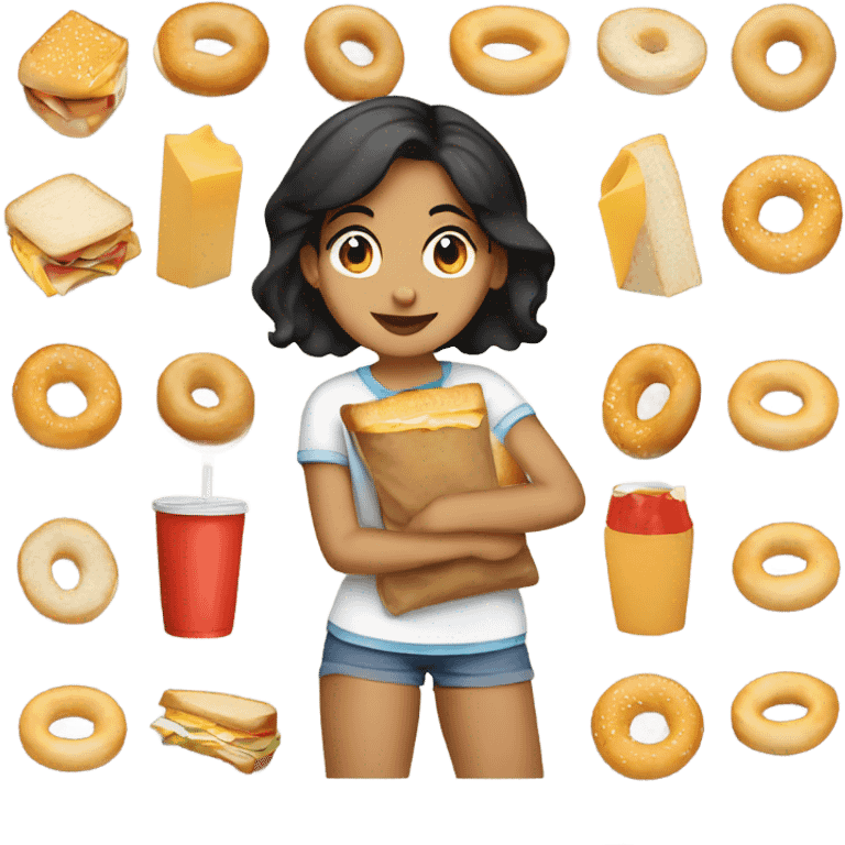 Hispanic girl eating and bagel egg and cheese sandwich  emoji