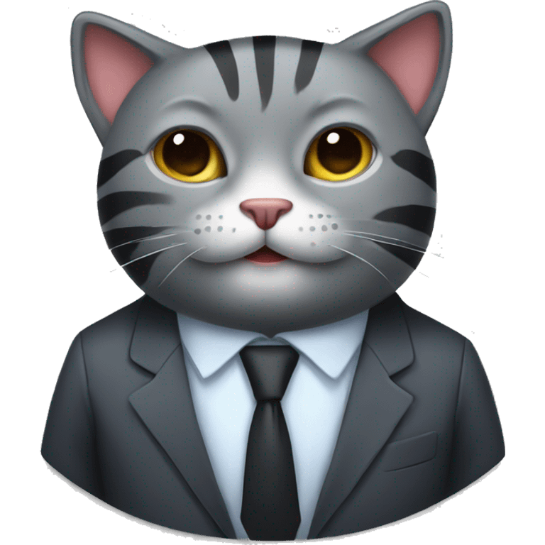 Striped dark grey cat wearing a suit emoji