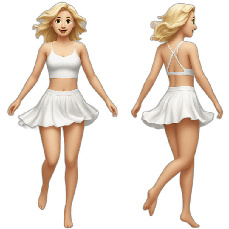 Hyperrealistic Full body Caucasian curvy beauty jumping short white skirt back and front views strong wind emoji