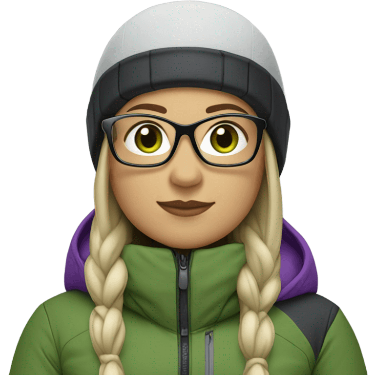 Green-eyed, chubby female skier with long straight hair, glasses, grey purple snow jacket, long black pants, black only snow boots and black skis looking cool. emoji