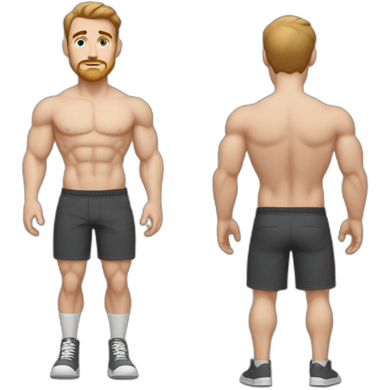 Full height Pale skinned muscular man With Realistic eyes and mouth, light brown hair and stubble In dark gray sleeveless mike, black oversize sports shorts, watch and white sneakers. emoji